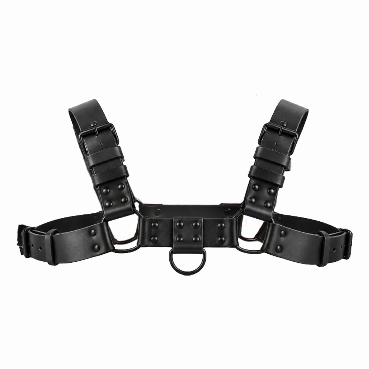 Blackout Bulldog chest harness on white, black vinyl straps with blacked-out buckles and front D-ring, Fort Troff