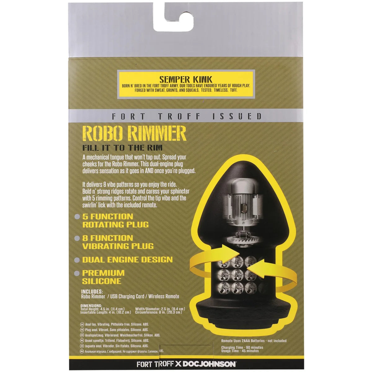 Robo Rimmer retail box back with 5 function rotating plug and 6 function vibrating plug details, Fort Troff x Doc Johnson