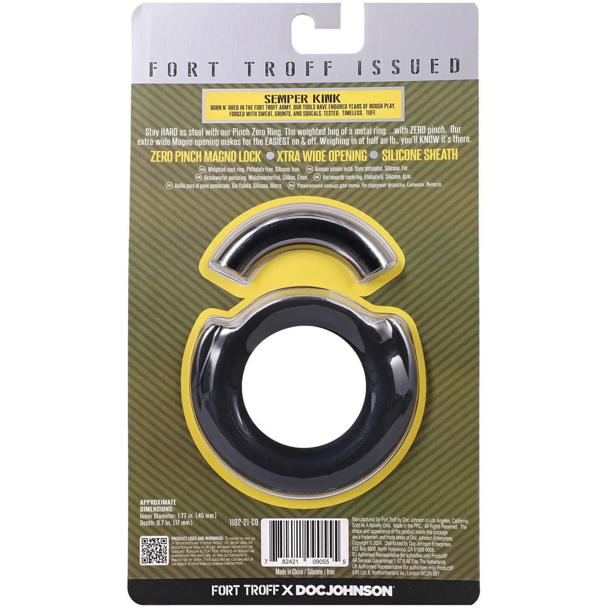 Pinch Zero Ring retail packaging back with zero-pinch magno lock features and sizing, Fort Troff x Doc Johnson