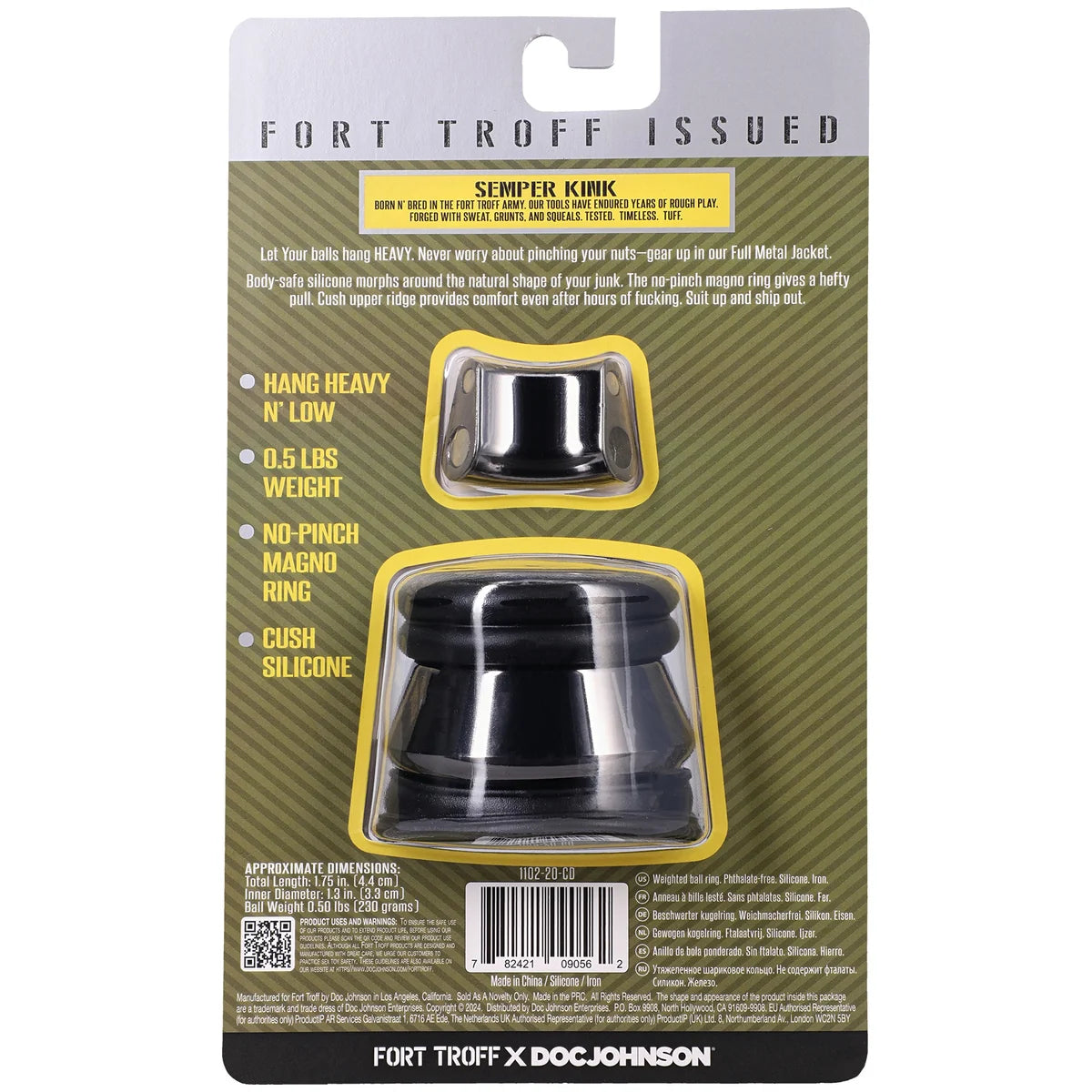 Full Metal Jacket retail packaging back with hang heavy, 0.5 lb weight and no-pinch magno ring features, Fort Troff x Doc Johnson