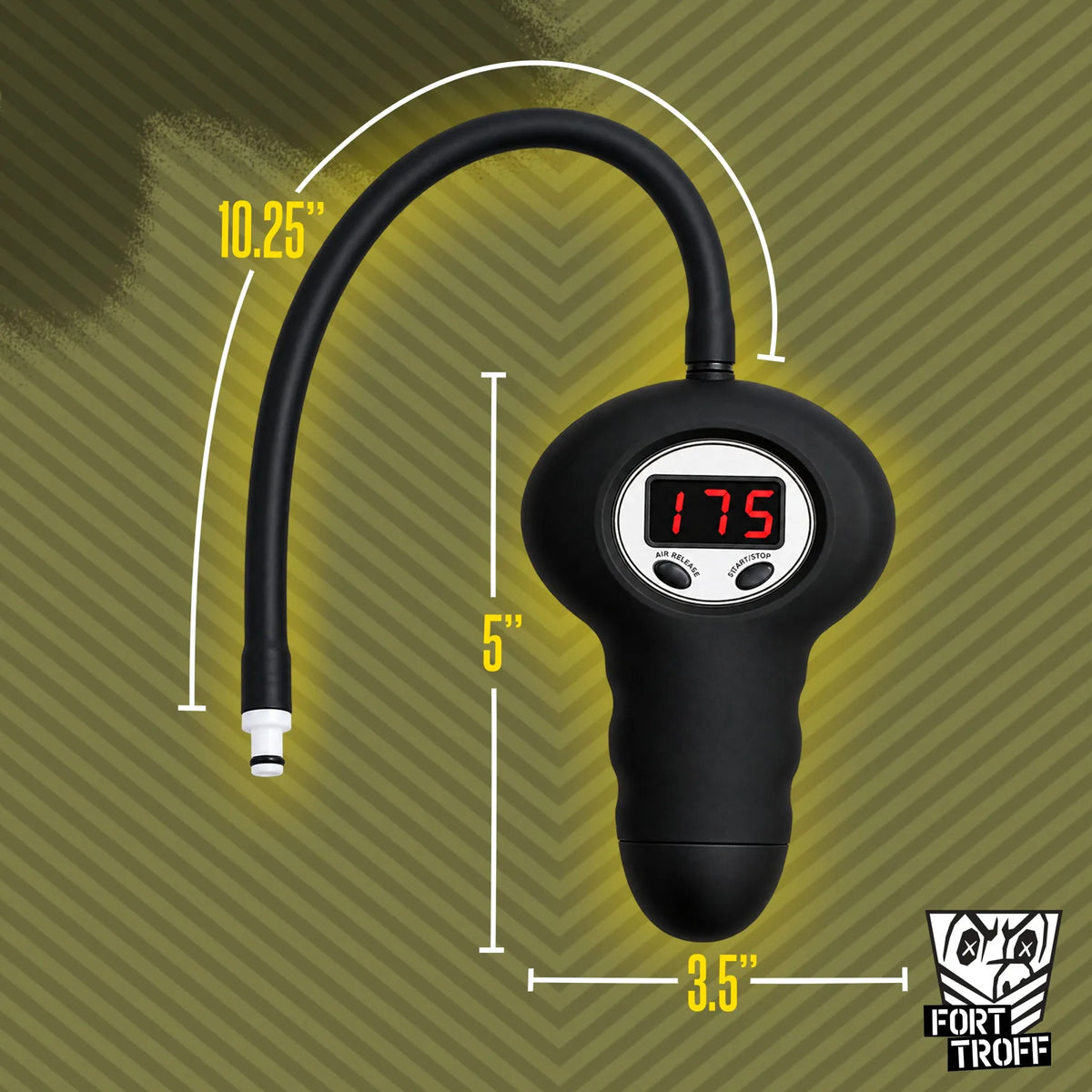 Digital Pump with Connector measurements, 5 by 3.5 inch pump with a 10.25 inch hose, Fort Troff