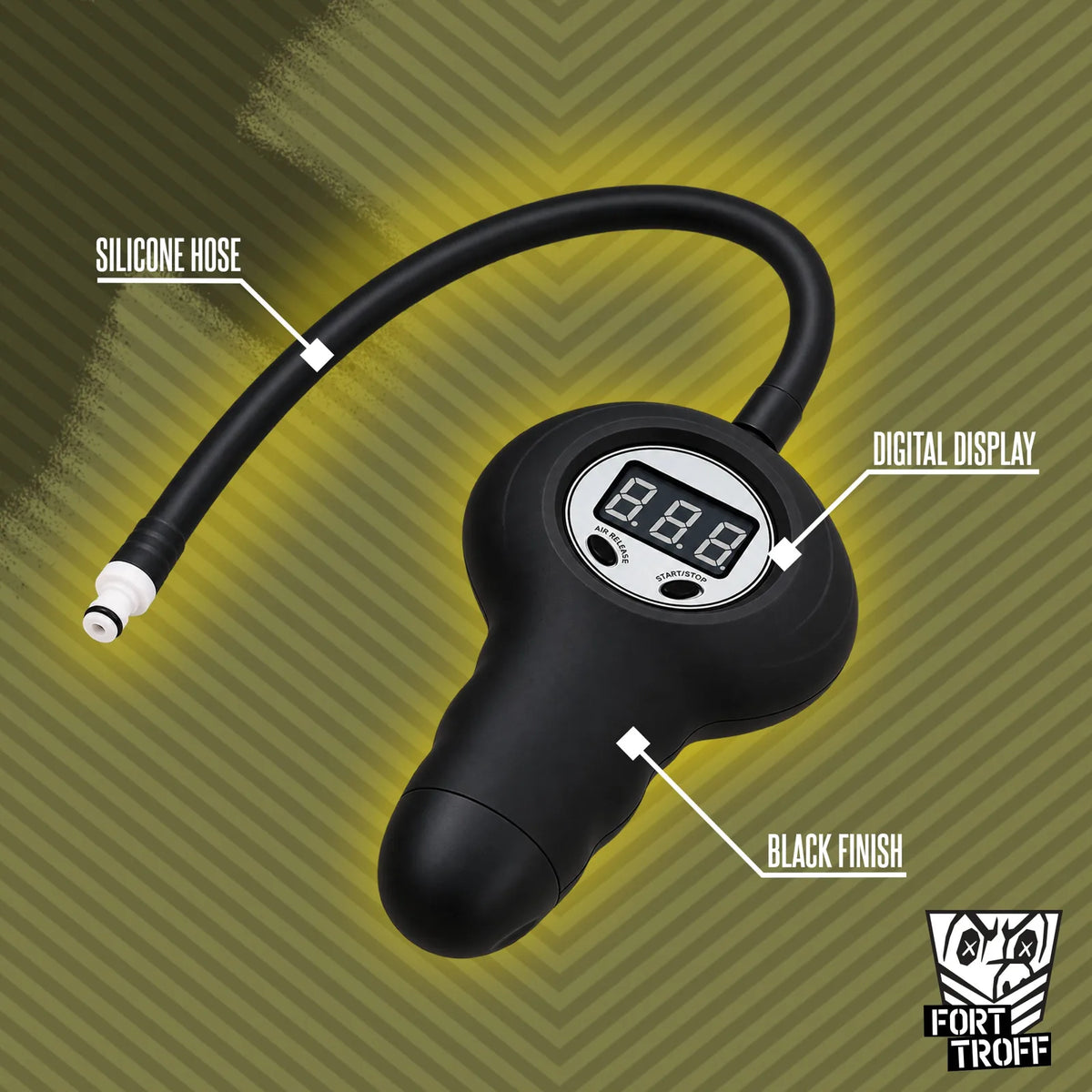 Digital Pump with Connector callouts for the silicone hose, digital display and black finish, Fort Troff