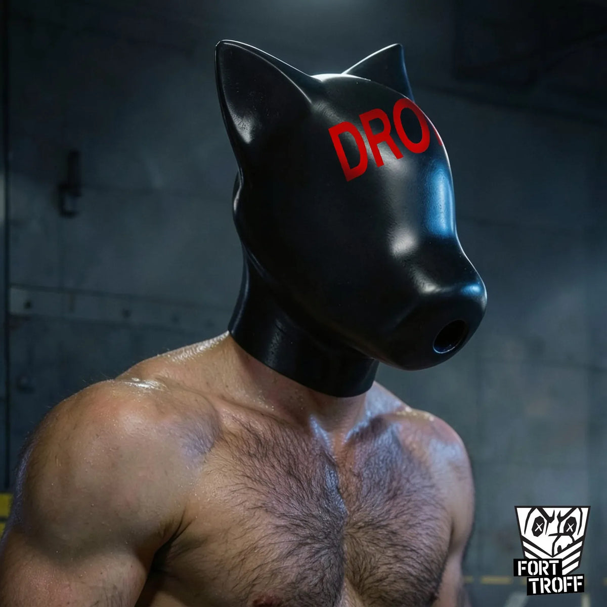 Silicone Sensory Hood, DRONE print, worn side view, Fort Troff