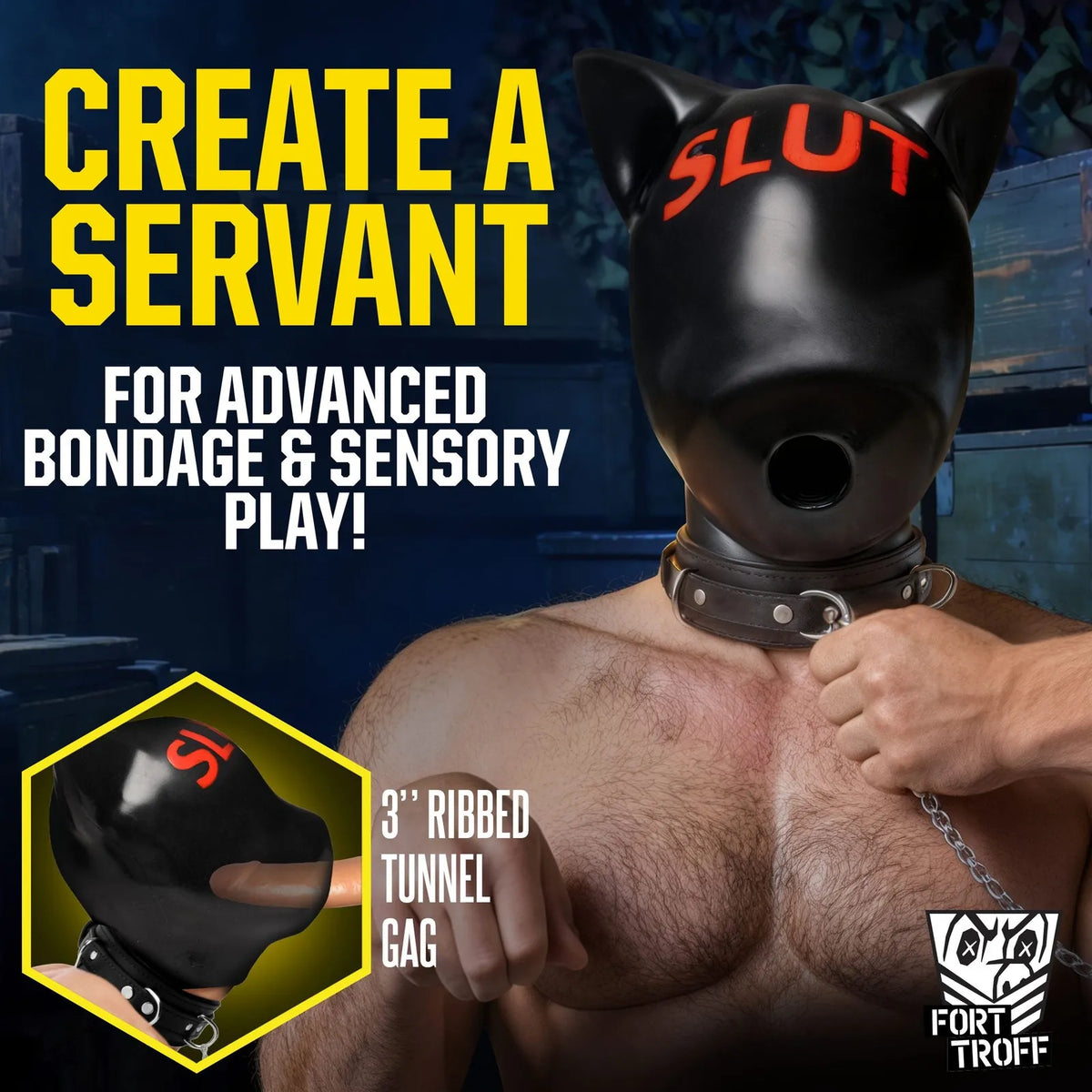 Silicone Sensory Hood, SLUT print, worn with collar showing the 3 inch ribbed tunnel gag, Fort Troff