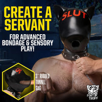 Silicone Sensory Hood, SLUT print, worn with collar showing the 3 inch ribbed tunnel gag, Fort Troff