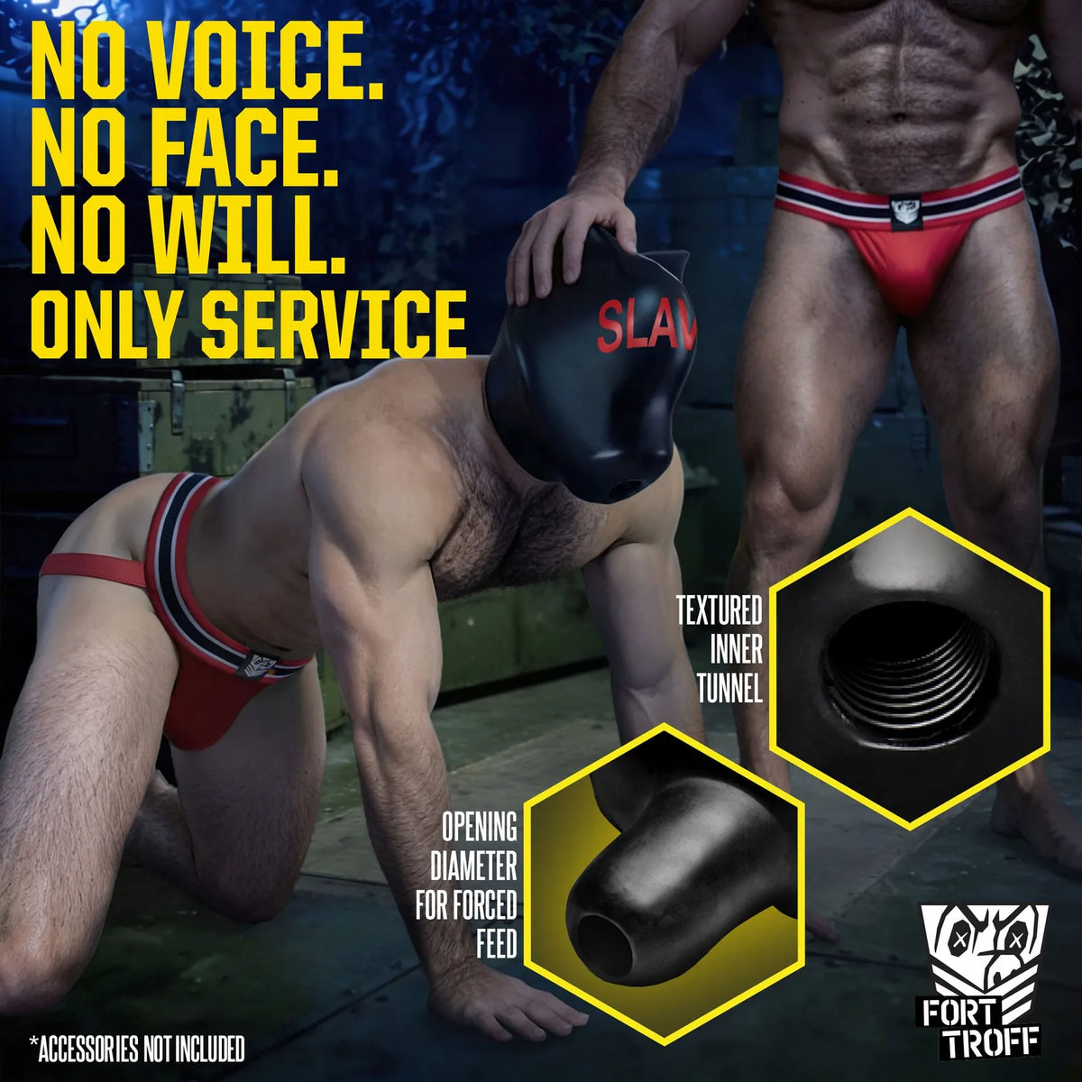 Silicone Sensory Hood, SLAVE print, bondage scene with textured inner tunnel detail, Fort Troff
