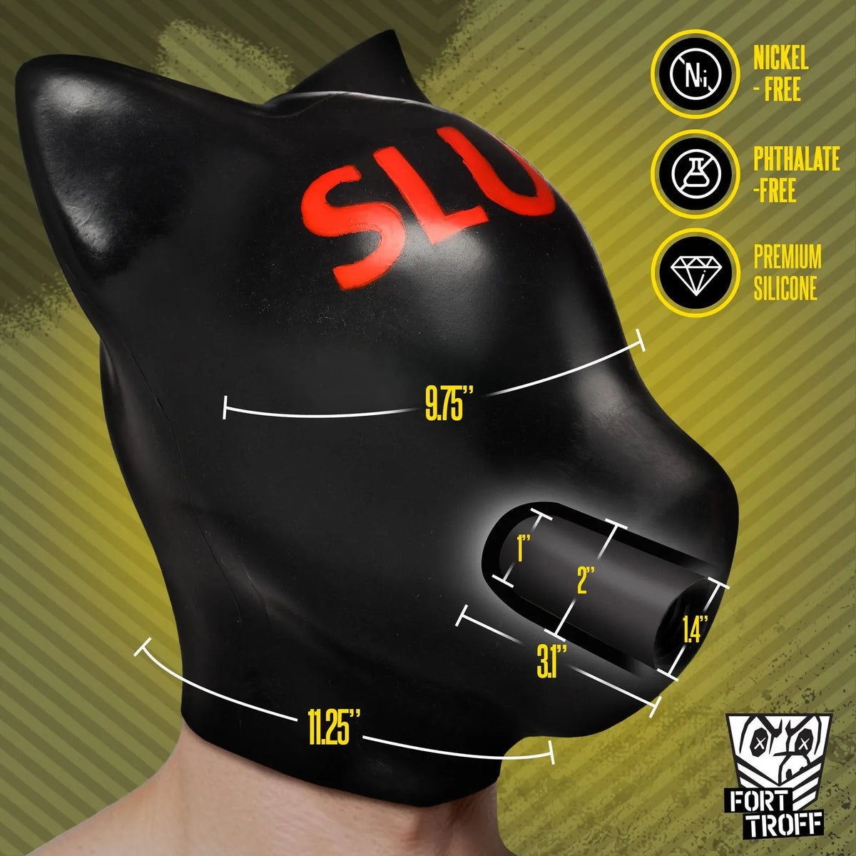 Silicone Sensory Hood, SLUT print, dimensions 9.75 inch crown and 11.25 inch neck, Fort Troff