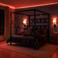 King Size Bondage Bed with a sex sling chained to the canopy in a red-lit bedroom, Fort Troff