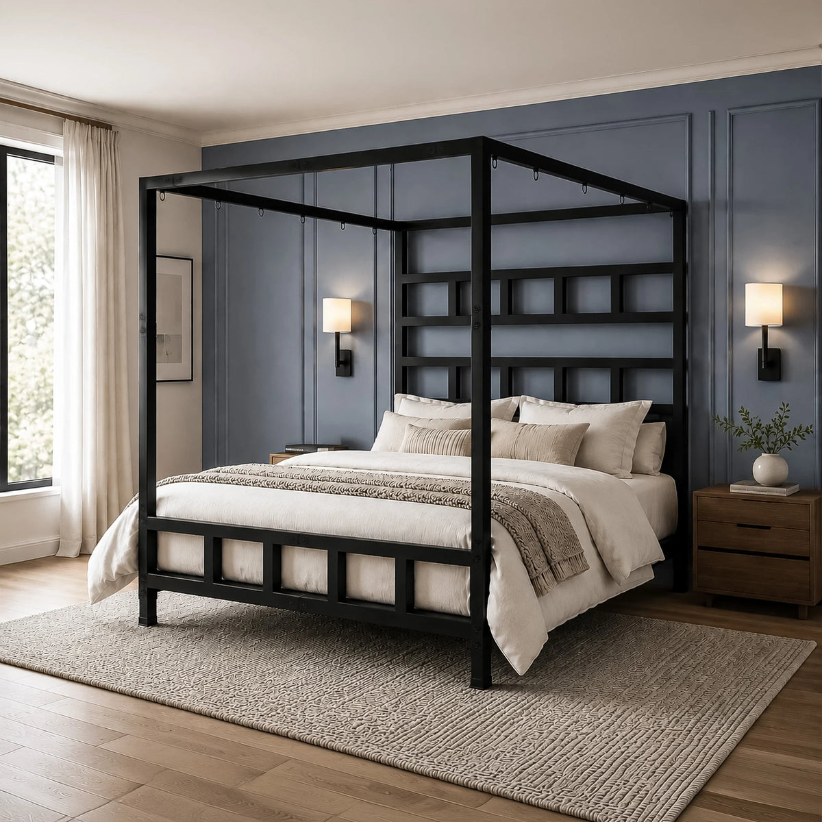 King Size Bondage Bed dressed in white bedding in a bright daylight bedroom, Fort Troff