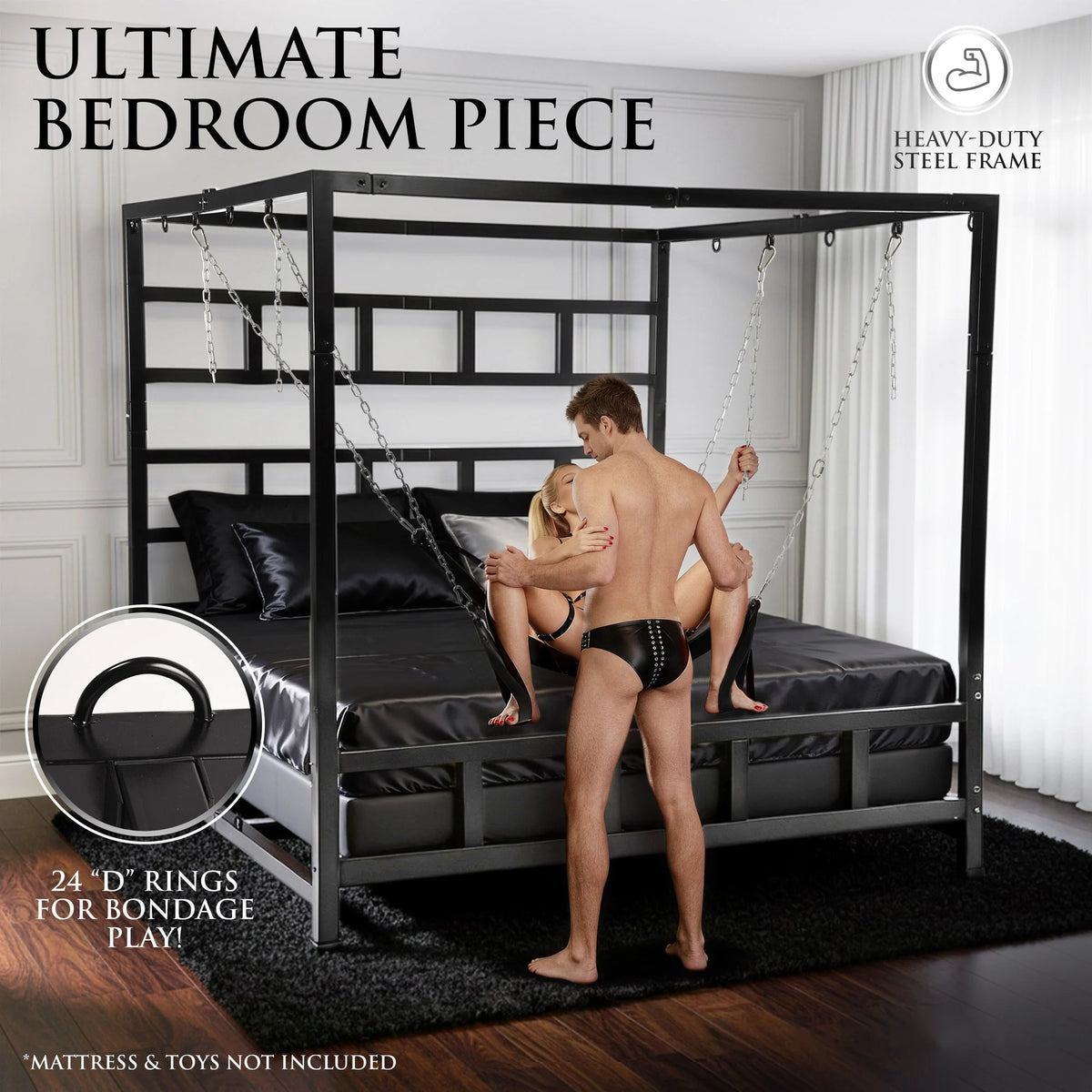 Model holding his partner in a sling hung from the canopy, 24 D-rings callout, King Size Bondage Bed, Fort Troff