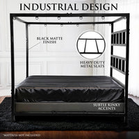 King Size Bondage Bed front view with black matte finish and heavy-duty metal slats callouts, Fort Troff