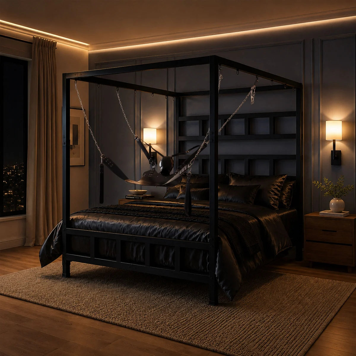 Sex sling chained to the suspension canopy of the King Size Bondage Bed at night, Fort Troff