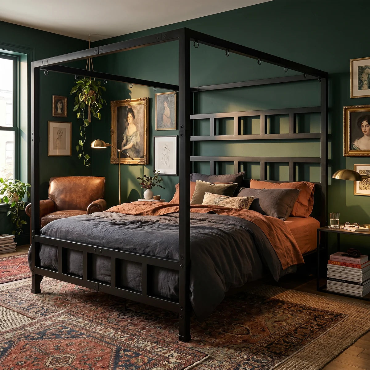 King Size Bondage Bed with a king mattress in a green bedroom, Fort Troff