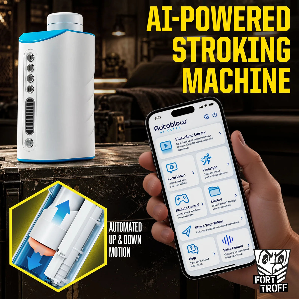 Autoblow AI Ultra AI-powered stroking machine with automated up and down motion beside the phone web app, Fort Troff