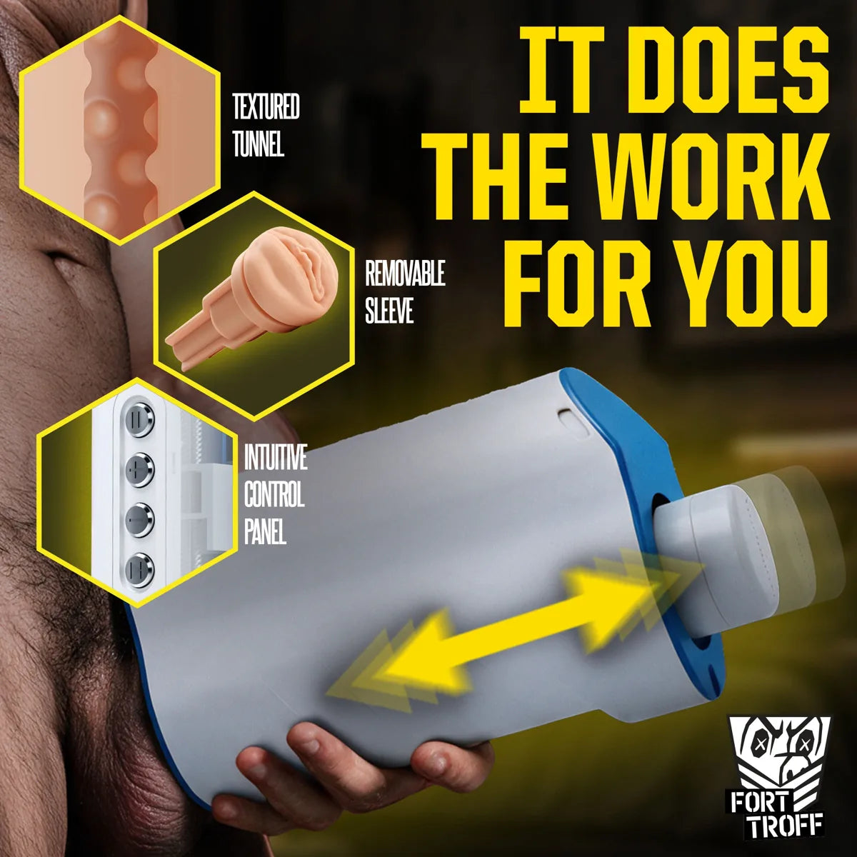 Autoblow AI Ultra cutaway showing the textured tunnel and removable sleeve stroking up and down, Fort Troff