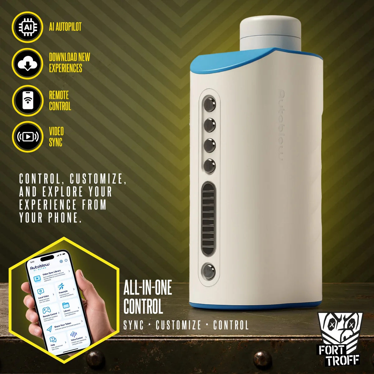Autoblow AI Ultra controls for AI autopilot, remote control and video sync on a phone, Fort Troff