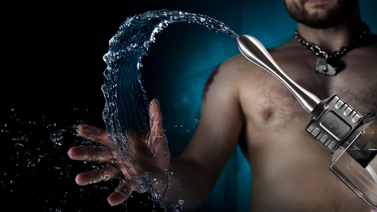 Depth Charge one touch anal douche spraying an arc of water beside a collared model