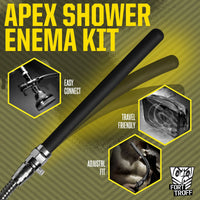 Apex Shower Enema Kit infographic with black silicone nozzle, shower diverter, mesh travel bag and adjustable fit callouts, Fort Troff