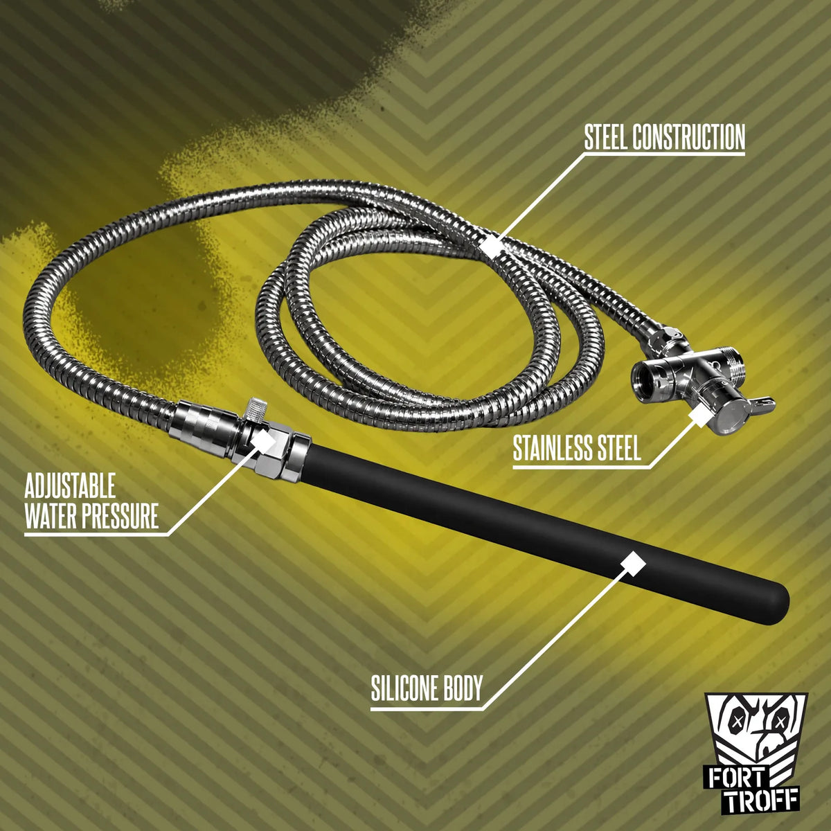 Apex Shower Set callout diagram of the steel hose, stainless steel diverter, pressure valve and silicone nozzle, Fort Troff