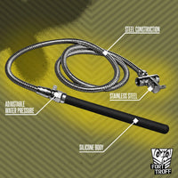 Apex Shower Set callout diagram of the steel hose, stainless steel diverter, pressure valve and silicone nozzle, Fort Troff