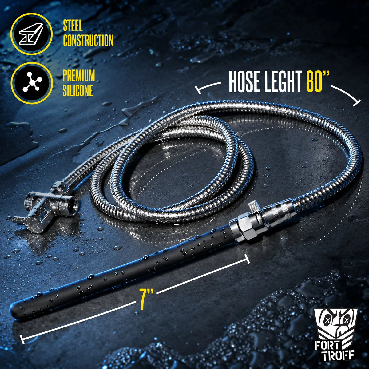 Apex Shower Set coiled 80 inch steel hose and black silicone nozzle on wet concrete with length callouts, Fort Troff