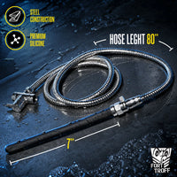 Apex Shower Set coiled 80 inch steel hose and black silicone nozzle on wet concrete with length callouts, Fort Troff