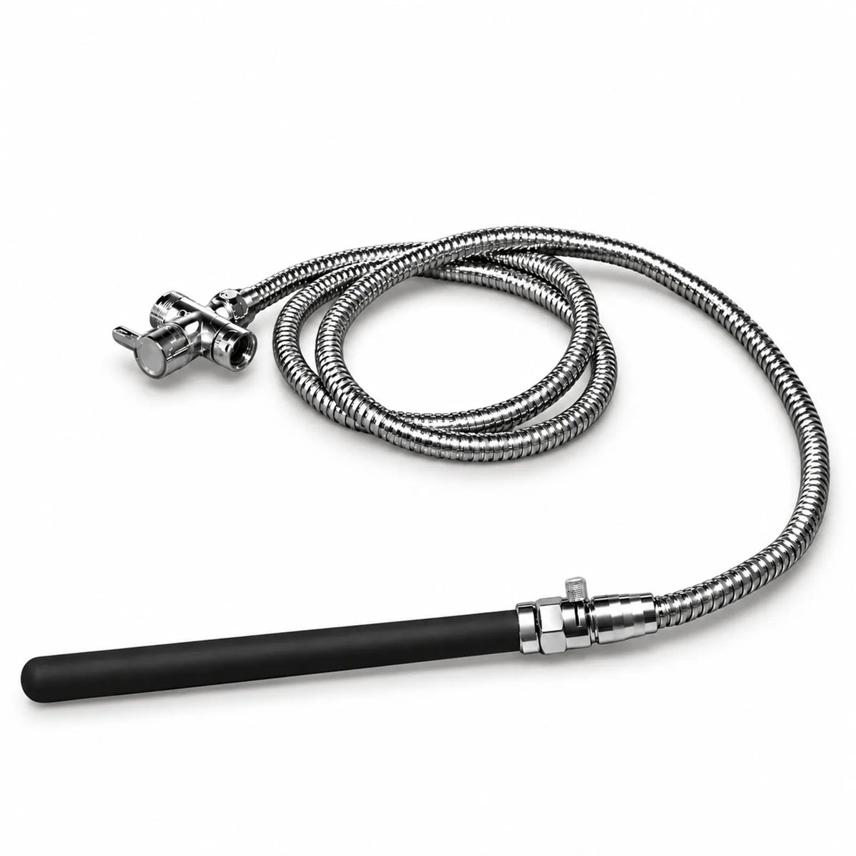 Apex Shower Set product shot, black silicone nozzle, toggle valve, coiled stainless steel hose and diverter on white, Fort Troff
