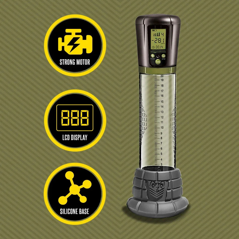 Banshee Pump 3.0 cock pump feature icons: strong motor, LCD display, silicone base, Fort Troff