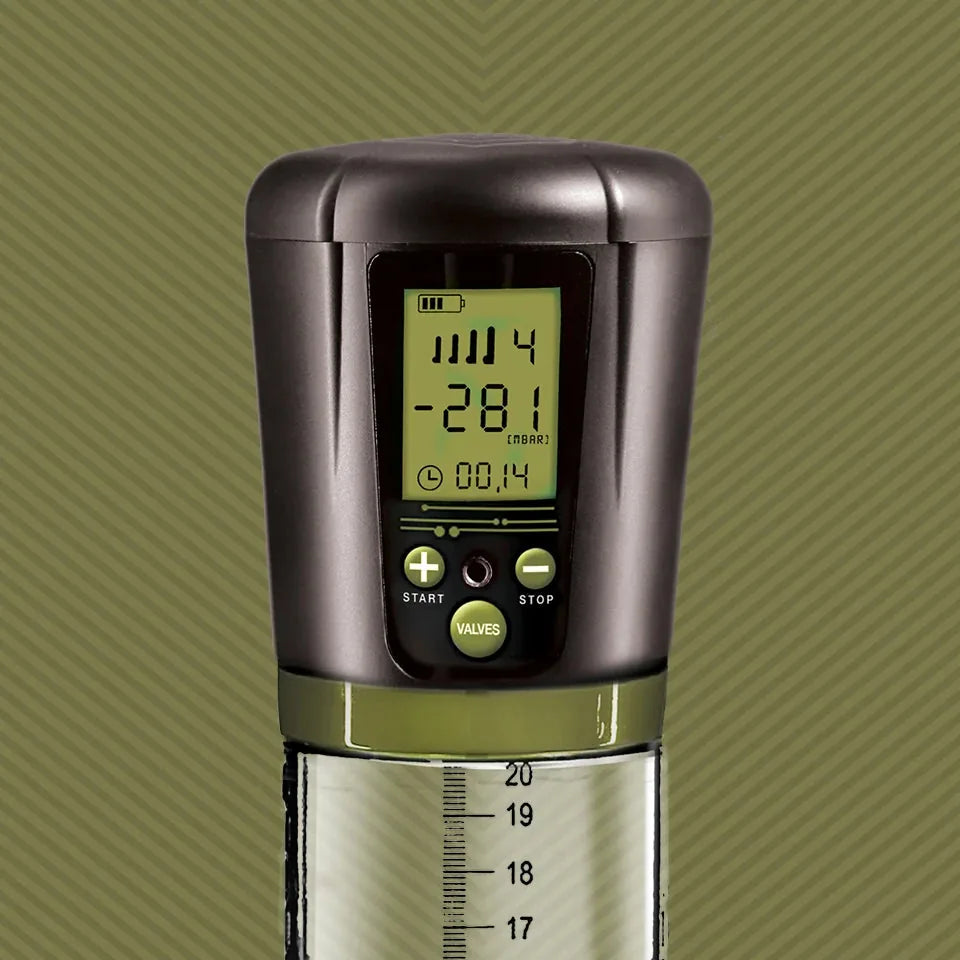 Banshee Pump 3.0 close-up of LCD pressure display showing vacuum level and timer, Fort Troff