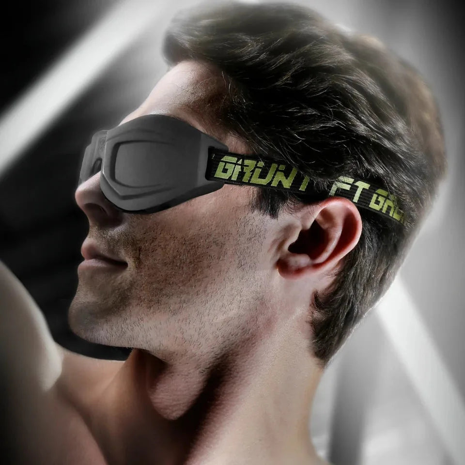 Black Ops Blink padded blindfold worn by a male model, side view of the cupped goggle fit, Fort Troff