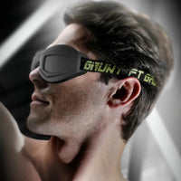 Black Ops Blink padded blindfold worn by a male model, side view of the cupped goggle fit, Fort Troff