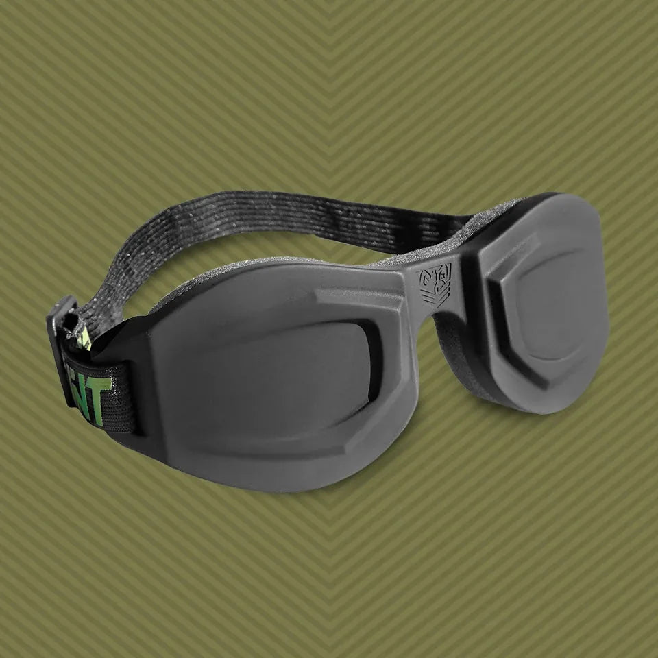 Black Ops Blink padded blindfold laid flat showing molded eye cups and elastic strap, Fort Troff