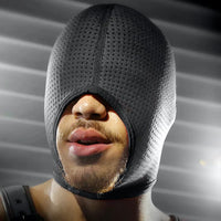 Black Ops perforated neoprene bondage hood, front view. Fort Troff.