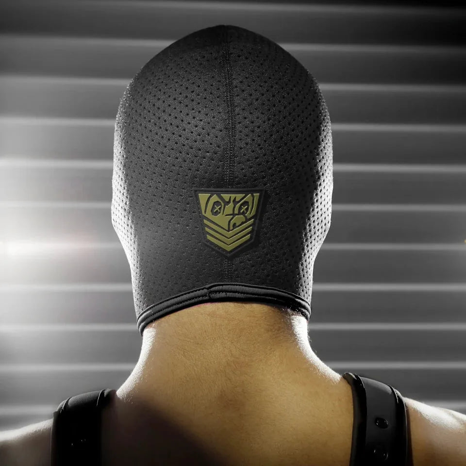 Black Ops perforated bondage hood side view with the closure detail. Fort Troff.