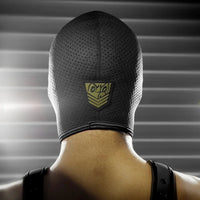 Black Ops perforated bondage hood side view with the closure detail. Fort Troff.