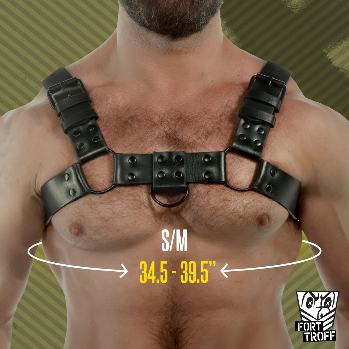 Blackout Bulldog chest harness size guide, S/M fits 34.5 to 39.5 inch chest, Fort Troff