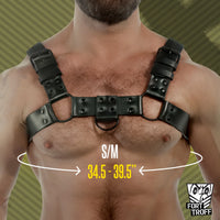 Blackout Bulldog chest harness size guide, S/M fits 34.5 to 39.5 inch chest, Fort Troff