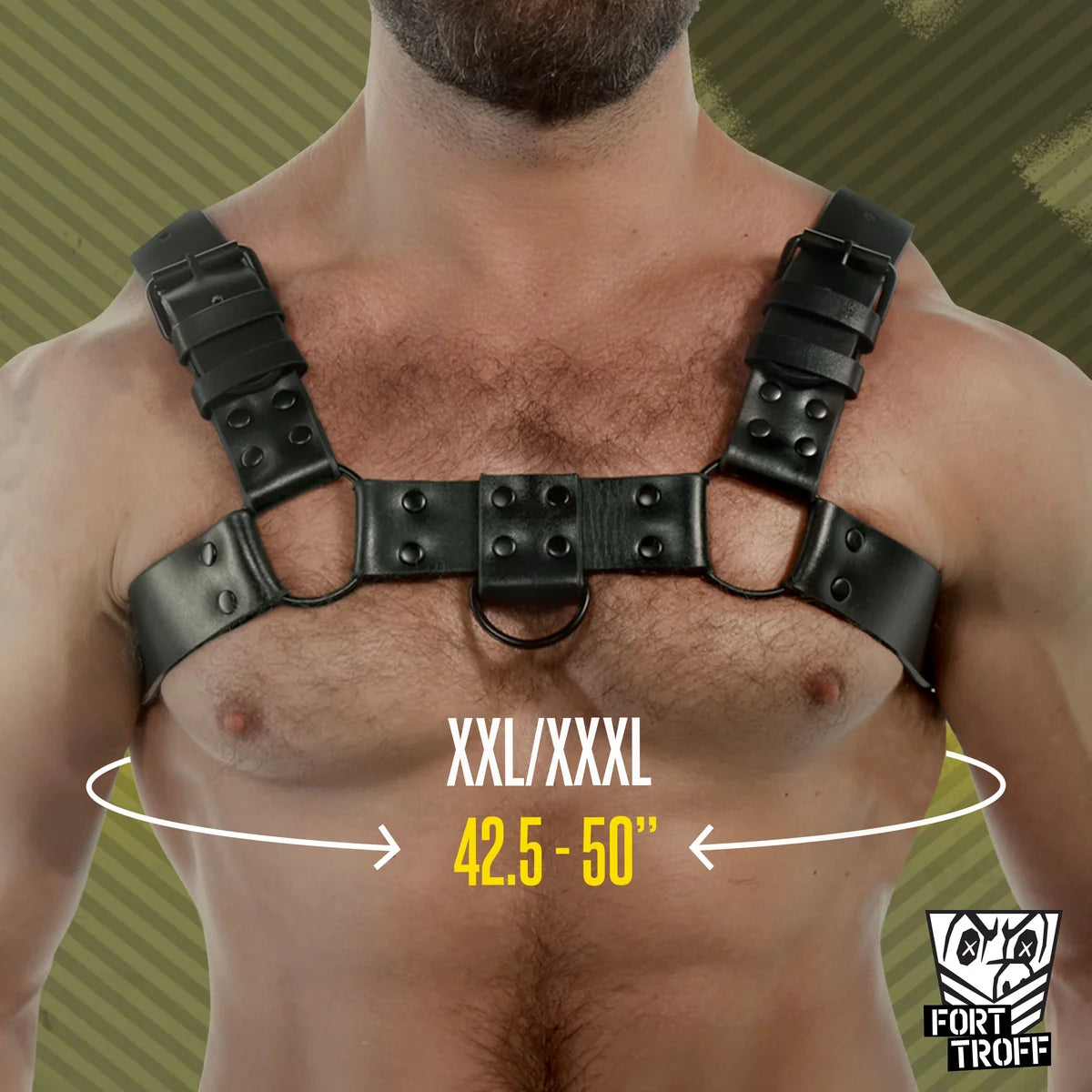 Blackout Bulldog chest harness size guide, XXL/XXXL fits 42.5 to 50 inch chest, Fort Troff
