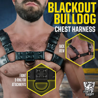 Blackout Bulldog chest harness on a hairy chest with back view and front D-ring close-up insets, Fort Troff