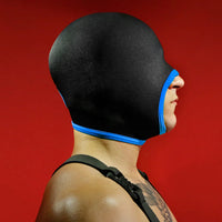 Blind Skullfuck open-mouth blindfold hood in blue, side profile on a model, Fort Troff