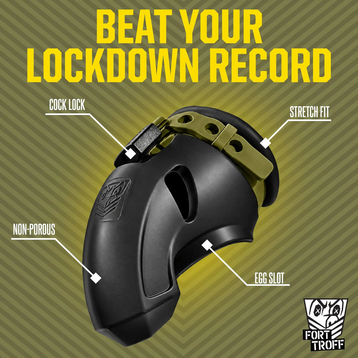 CUMfort Cage chastity cage callout graphic showing the cock lock, stretch fit band, egg slot and non-porous silicone, Fort Troff