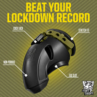 CUMfort Cage chastity cage callout graphic showing the cock lock, stretch fit band, egg slot and non-porous silicone, Fort Troff