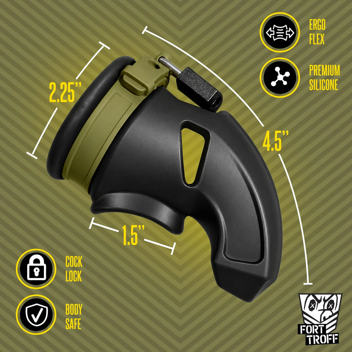CUMfort Cage dimensions graphic with 4.5 in length, 2.25 in opening and 1.5 in ball opening, padlock attached, Fort Troff