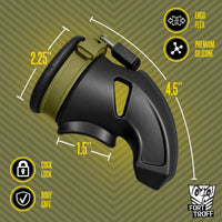 CUMfort Cage dimensions graphic with 4.5 in length, 2.25 in opening and 1.5 in ball opening, padlock attached, Fort Troff