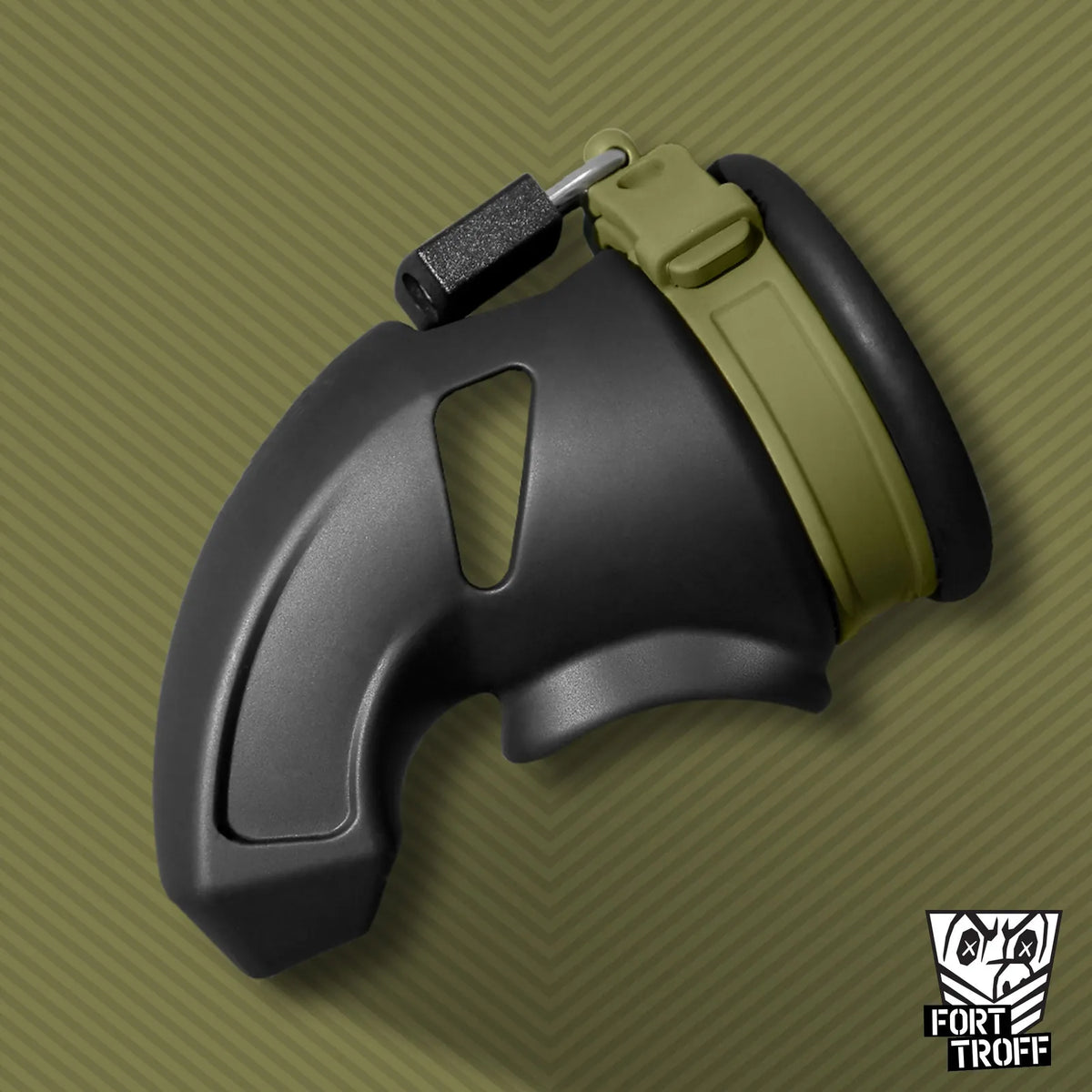 CUMfort Cage black silicone chastity cage with olive adjustable band and padlock, side view, Fort Troff
