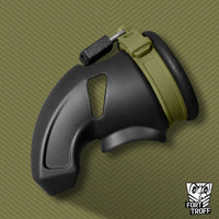 CUMfort Cage black silicone chastity cage with olive adjustable band and padlock, side view, Fort Troff