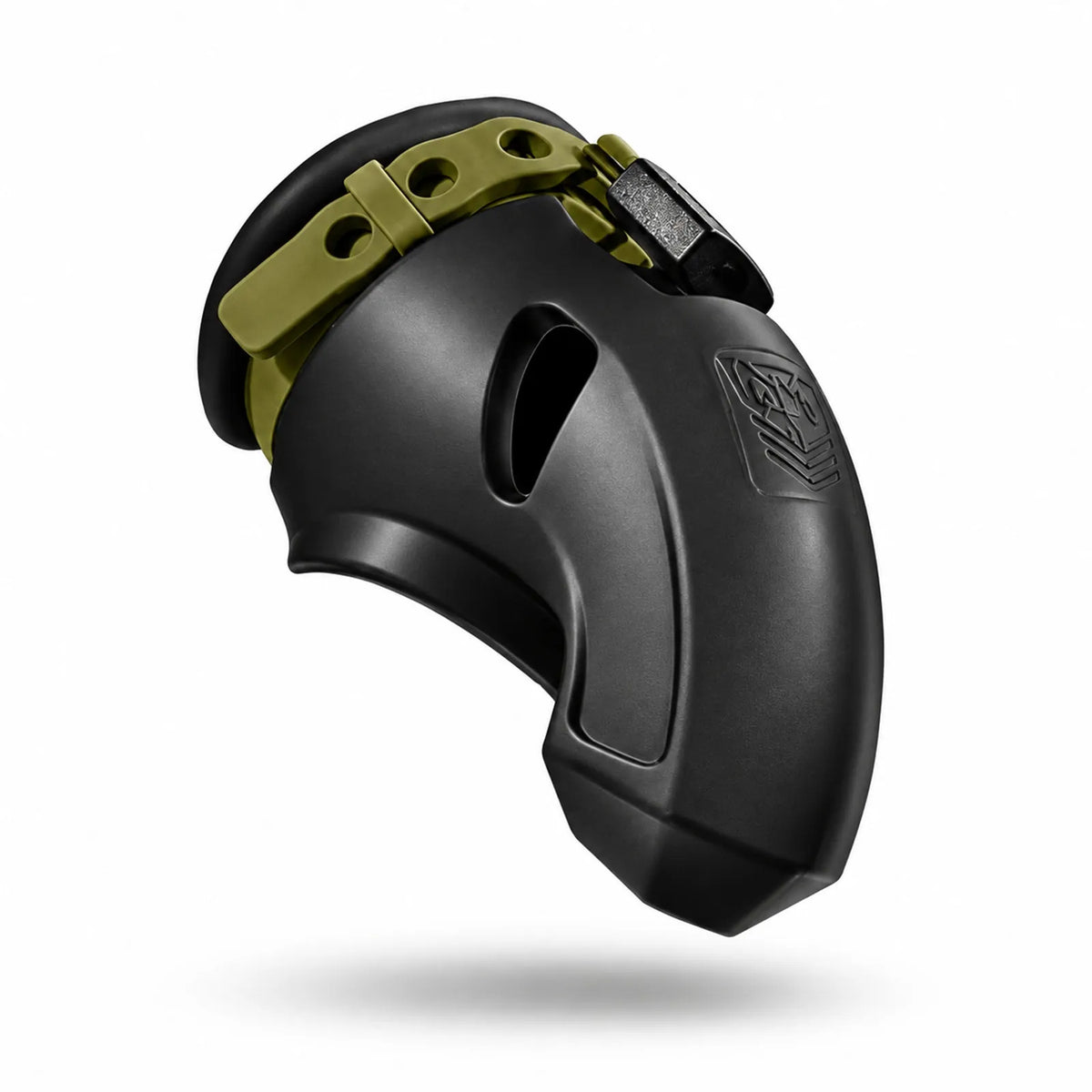 CUMfort Cage black silicone chastity cage with olive strap and padlock on a white background, Fort Troff