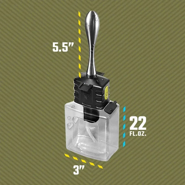 Depth Charge anal douche dimensions: 5.5 in aluminum nozzle, 22 fl oz reservoir, 3 in base, Fort Troff