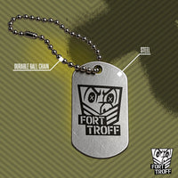 FT Gear Tag callout diagram: durable ball chain and steel dog tag with Fort Troff shield