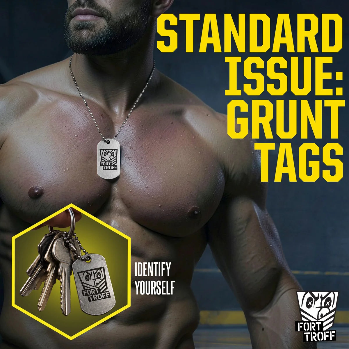 Fort Troff Gear Tag, standard issue grunt tag worn on a chain by a shirtless model